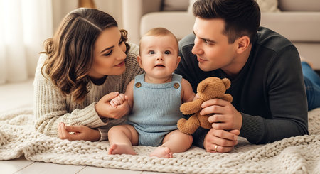 Beautiful young parents are playing with their little son and smiling while lying on the floor at homeの素材