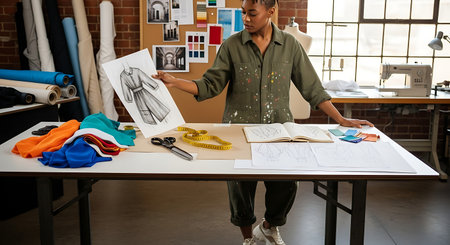 Fashion designer working on new collection of clothes. African-american fashion designer working on new collection of clothes.の素材