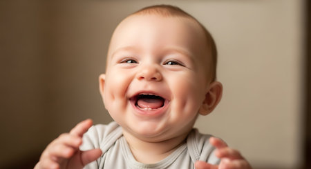 Portrait of a happy baby boy with open mouth looking at cameraの素材