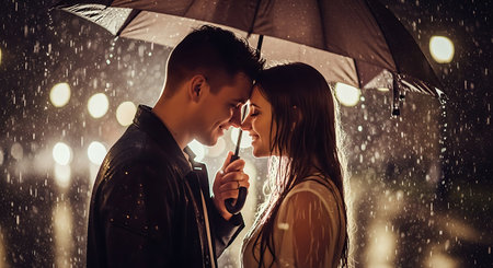 Beautiful young couple under an umbrella in the rain at night.の素材