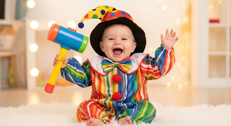 happy baby in clown costume playing with water gun on christmas lights backgroundの素材