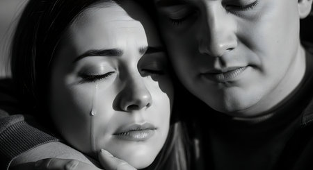 Black and white portrait of a young couple in love. Close-upの素材