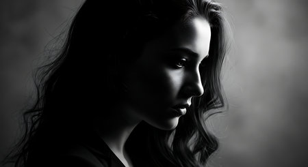 Fashion portrait of young beautiful woman. Black and white photo.の素材