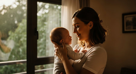 Young mother with her baby at home. Motherhood and family conceptの素材