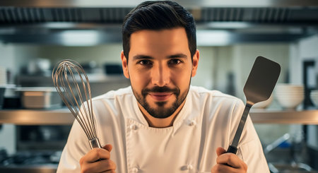 portrait of handsome chef holding whisk and spatula in restaurant kitchenの素材