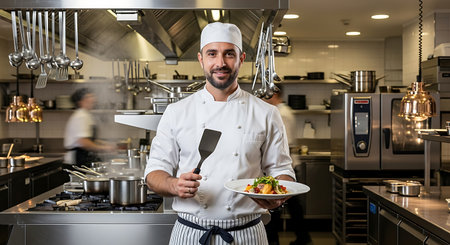 Portrait of a smiling male chef standing in the kitchen of a restaurantの素材