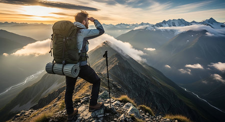 Hiker with a backpack on the top of a mountain and looking at the sunriseの素材