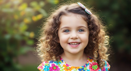Portrait of a smiling little girl with curly hair in the parkの素材