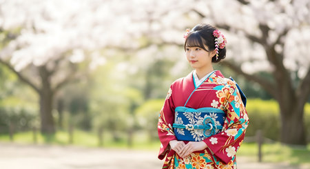 Japanese woman wearing kimono and cherry blossoms in the parkの素材