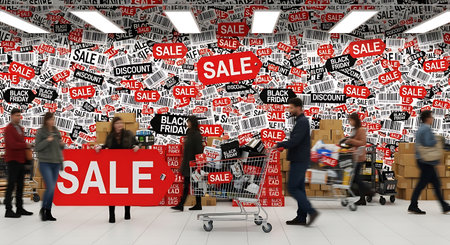 Digital composite of Shopping trolley with sale tags and people in backgroundの素材