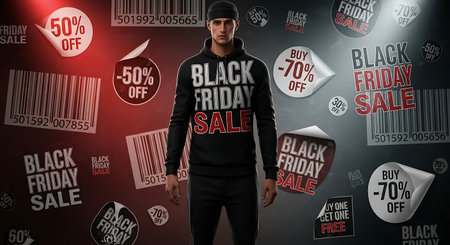 Hacker in black hoodie standing in front of black friday sale posterの素材