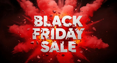 Black Friday sale banner with explosion of red and black smoke on black backgroundの素材