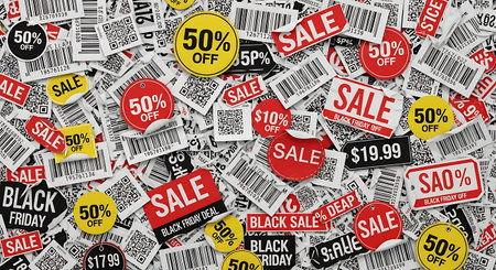 Sale tags and labels on black background. 3d illustration.の素材
