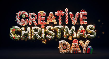 Merry Christmas and Happy New Year greeting card. Lettering in the shape of a Christmas tree with gifts and lights. 3D illustrationの素材