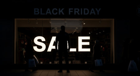 Silhouette of a man in front of a black friday signの素材