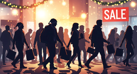 Silhouettes of people walking in the shopping center. Vector illustration.の素材