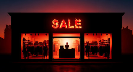 Shopping mall. Silhouette of a man standing in front of a shop window with a sale signの素材