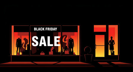 Black friday sale poster with woman holding shopping bags and icons.の素材