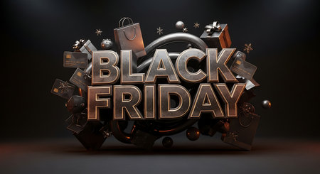 Black Friday Sale 3d Illustration with Black Friday Sale Sign on Dark Backgroundの素材