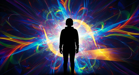 Silhouette of a man in front of colorful abstract background.の素材