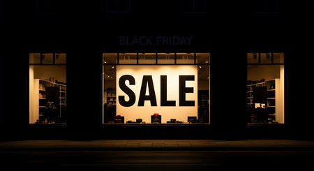 Illustration of a big sale sign on a shop window in the nightの素材