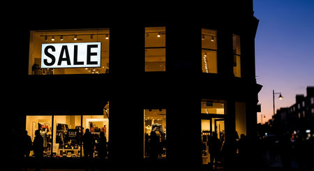 Sale sign on the facade of a building in the evening.の素材