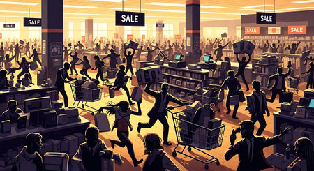 illustration of a crowd of people shopping in the supermarket. Concept of shoppingの素材