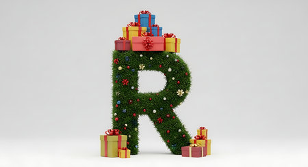 Letter R decorated with christmas ornaments. 3D renderingの素材