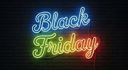 Black Friday neon sign on brick wall background. Vector Illustration.の素材