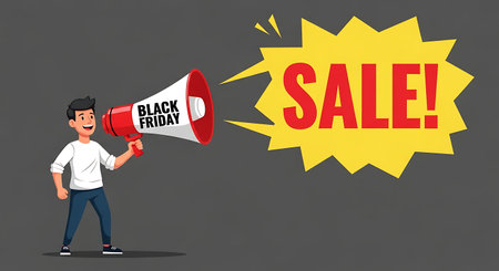 Man holding a megaphone with sale sign. Vector illustration.の素材