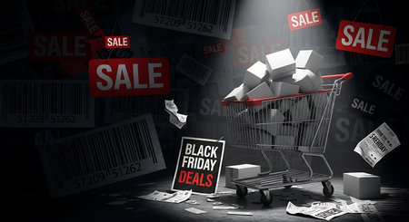 Black friday sale concept with shopping cart and torn paper on dark backgroundの素材