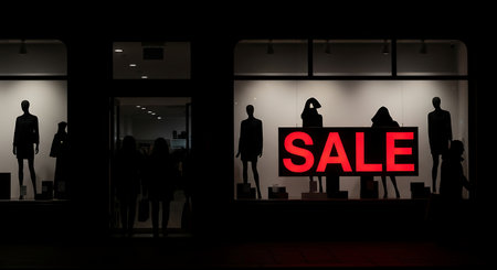 Silhouette of a mannequin in a shop window with a sale signの素材