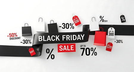 Black Friday sale banner with black ribbon and shopping bags. 3D rendering.の素材