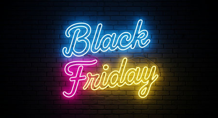 Black Friday neon sign on brick wall background. Vector illustration for your designの素材