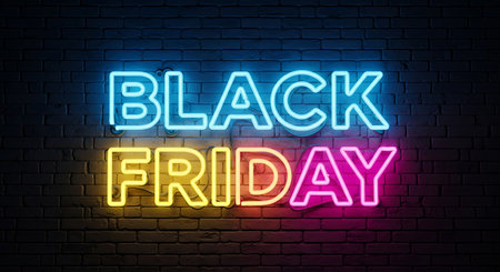Black Friday neon sign on brick wall background. Vector stock illustration.の素材