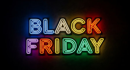 Black Friday neon sign on dark wall background. 3D Renderingの素材