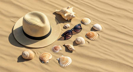 Straw hat, sunglasses and seashells on the sandy beachの素材