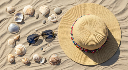 Straw hat, sunglasses and seashells on the sandy beachの素材