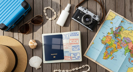 Top view of travel accessories with map and camera on wooden background.の素材