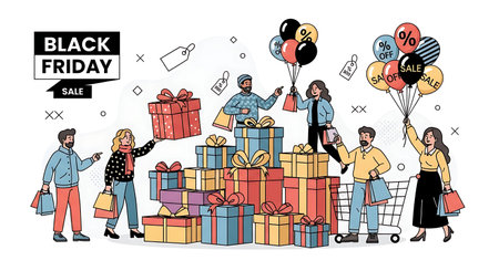 Black Friday sale concept. Group of people with shopping bags and presents. Vector illustration in cartoon style.の素材