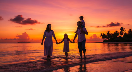 happy family with two kids walking on tropical beach at beautiful summer sunsetの素材