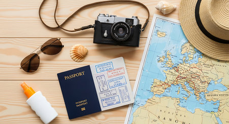 Top view of travel plan with passport, camera, sunglasses and hat on wooden backgroundの素材