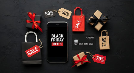 Black Friday sale concept. Smartphone, credit card, shopping bags and gift boxes on black backgroundの素材