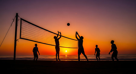 Silhouette of a group of friends playing volleyball on the beach at sunset.の素材