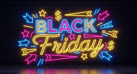 Black Friday neon sign on brick wall background. 3D rendering.の素材