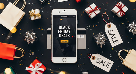 Top view of smartphone with black friday sale lettering on screen surrounded by shopping bags and gift boxes on black backgroundの素材