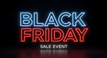 Black Friday sale neon sign on black background. 3D rendering.の素材