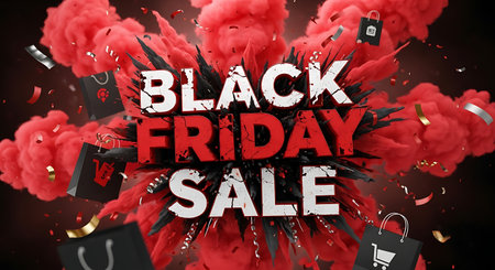 Black Friday Sale poster with explosion of red and black shopping bags. 3D rendering.の素材