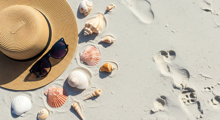 Straw hat, sunglasses and seashells on white sand beachの素材