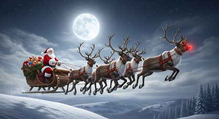 Santa Claus flying in his sleigh with reindeers and giftsの素材